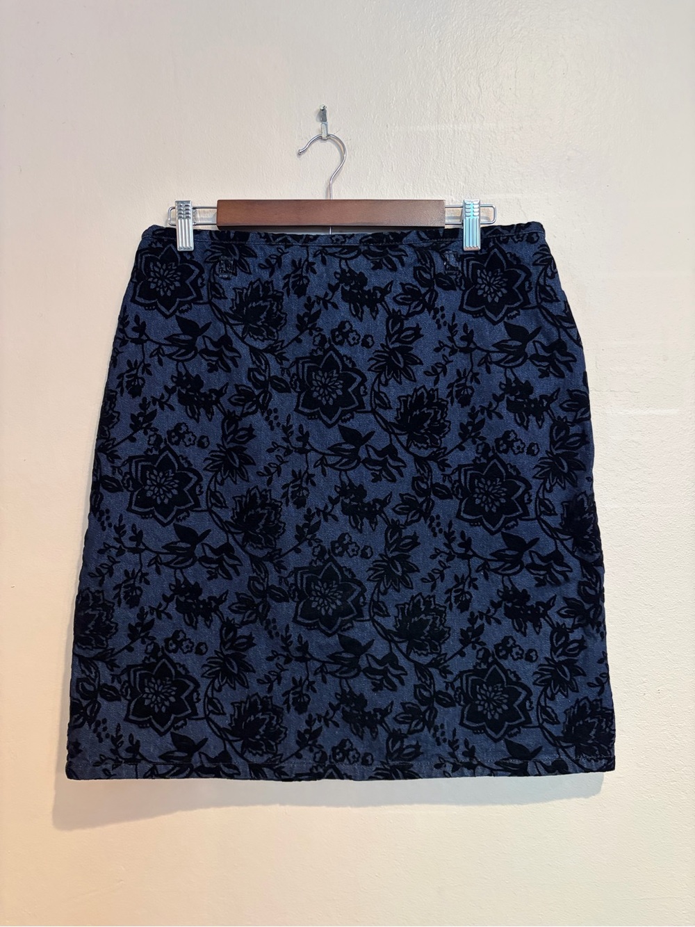 Vintage Bill Blass Dark Denim Skirt with Black Crushed Velvet Floral Design, 10P